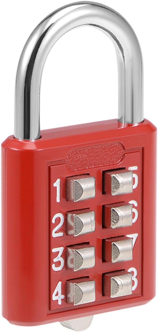 Red Zinc Alloy 8 Digit Combination Padlock for Gym Gate Sports Locker - Indoor Outdoor Push Button Lock with 5mm Shackle