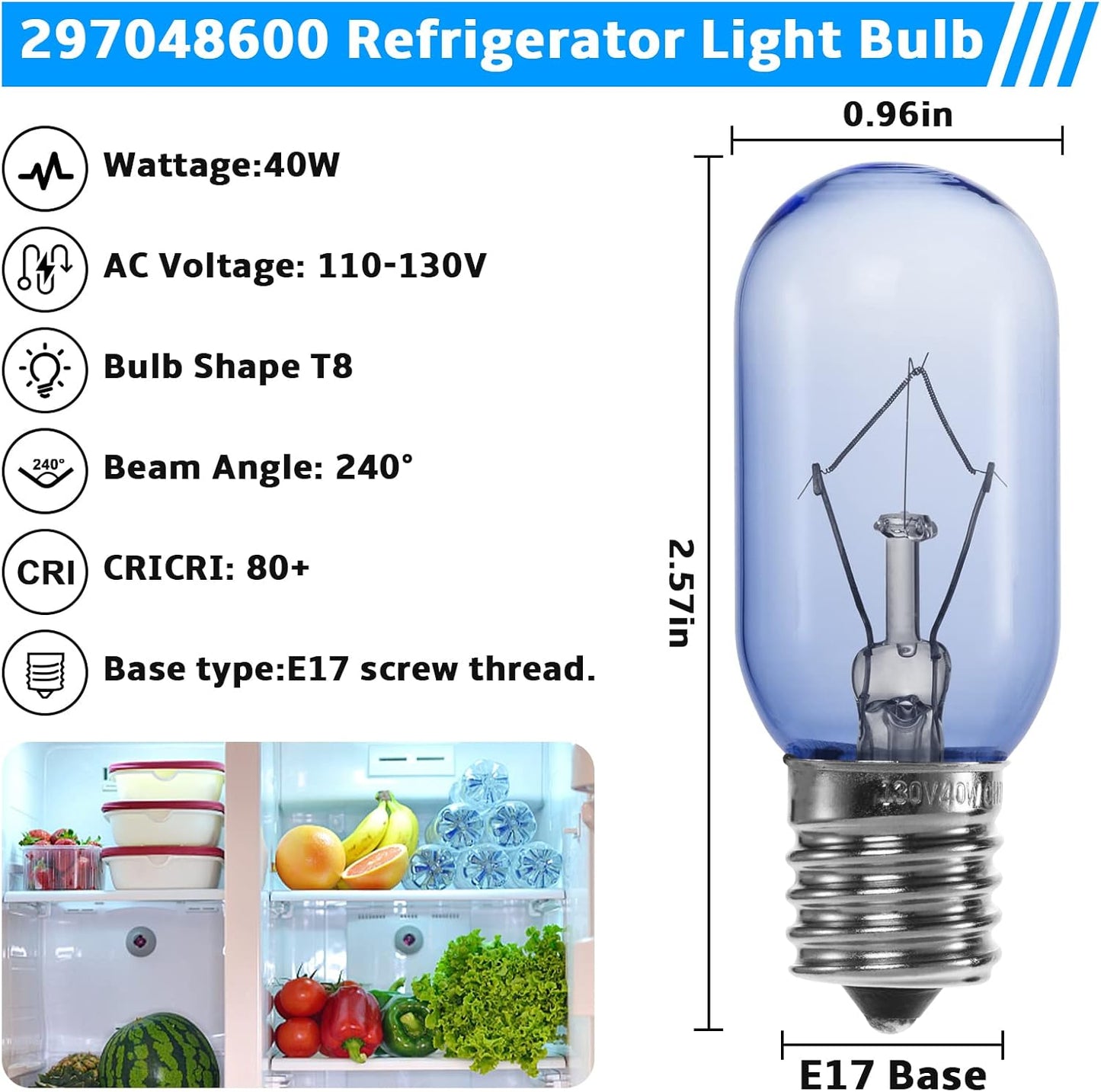 Refrigerator Light Bulb 40W for Frigidaire Kenmore Whirlpool - T8 E17 Replacement Bulb - 1 Pack
