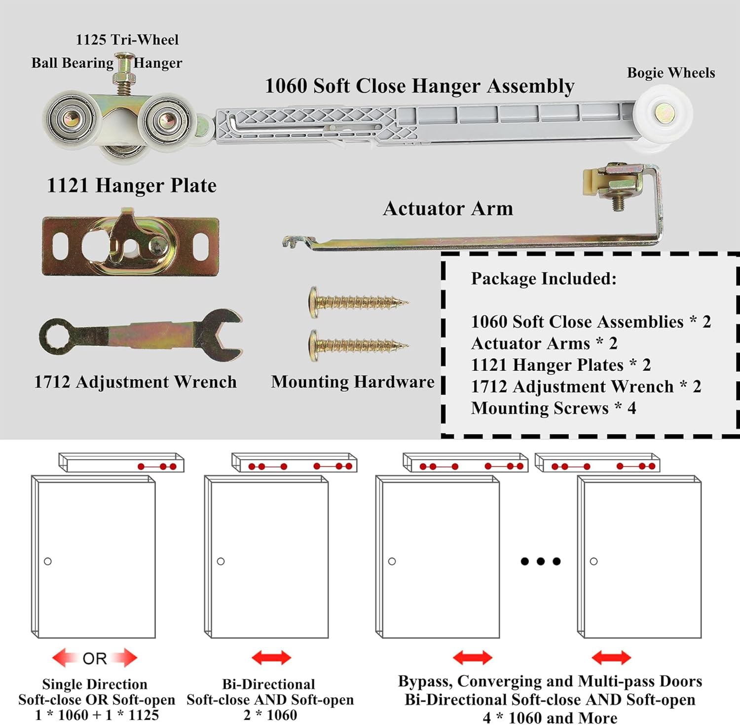 ReigaHood 2 Set Soft Close Pocket Door Hanger Assemblies for Johnson P/N #1060 & #1062 - Compatible with 100, 134F, 138F, 2610F Series Track - 1" Nylon Ball Bearing Tri-Wheel - WildKart