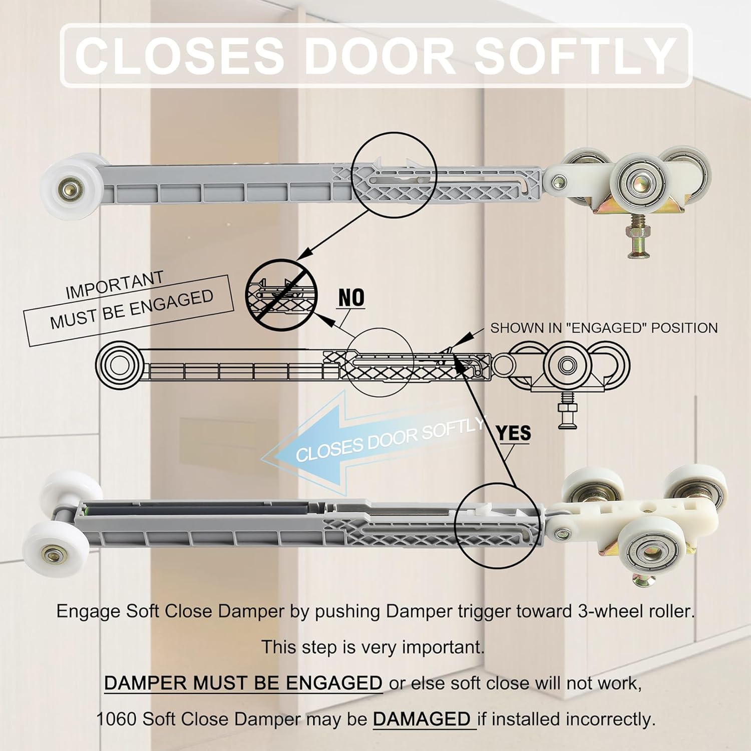 ReigaHood 2 Set Soft Close Pocket Door Hanger Assemblies for Johnson P/N #1060 & #1062 - Compatible with 100, 134F, 138F, 2610F Series Track - 1" Nylon Ball Bearing Tri-Wheel - WildKart
