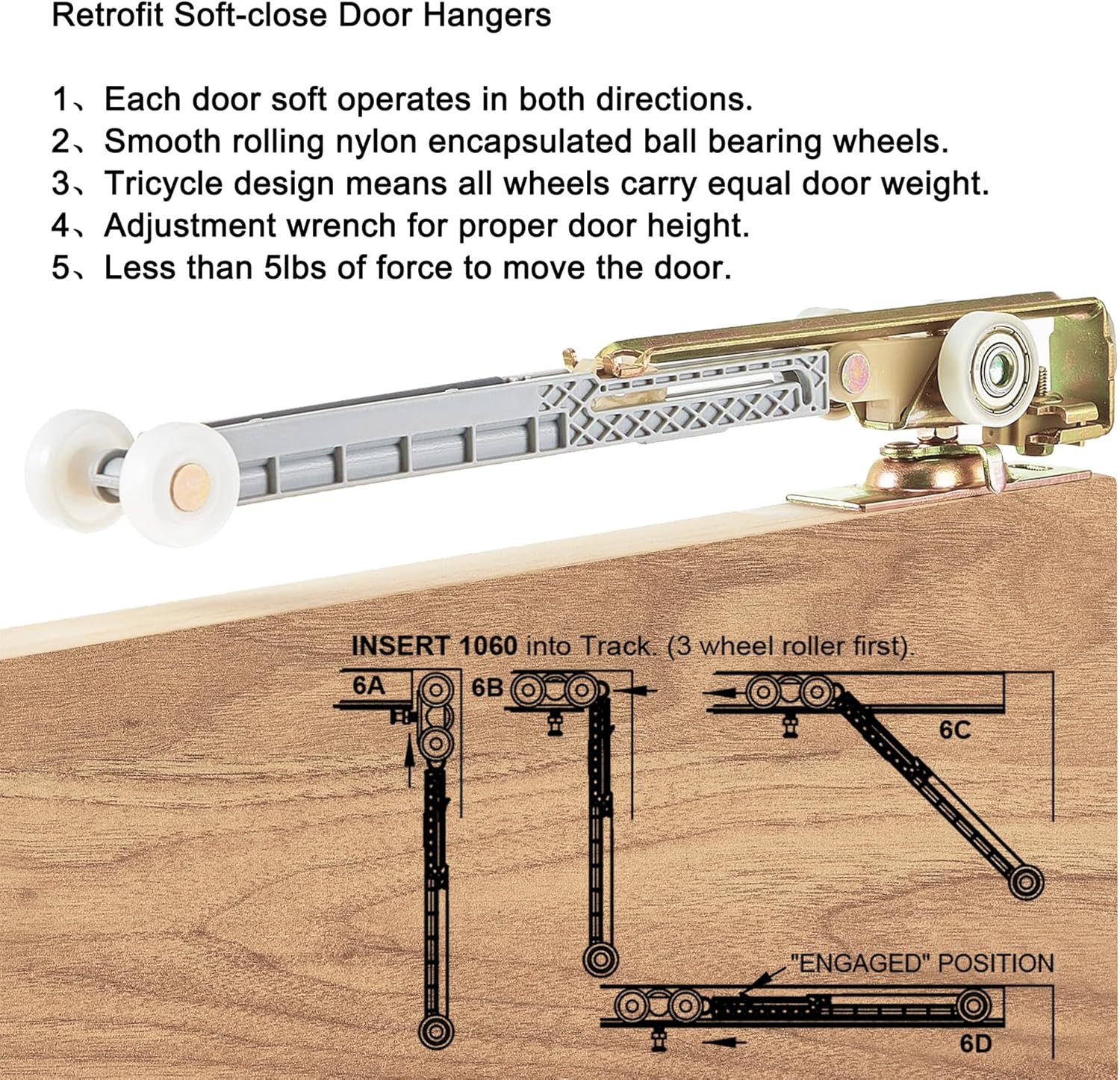 ReigaHood 2 Set Soft Close Pocket Door Hanger Assemblies for Johnson P/N #1060 & #1062 - Compatible with 100, 134F, 138F, 2610F Series Track - 1" Nylon Ball Bearing Tri-Wheel - WildKart