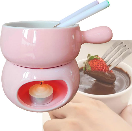 remium Ceramic Fondue Pot Set with Dipping Forks - Perfect for Chocolate, Cheese, and Candy - Ideal for Parties, Weddings, and Catering Events - Mini Butter Warmer Bowl Included