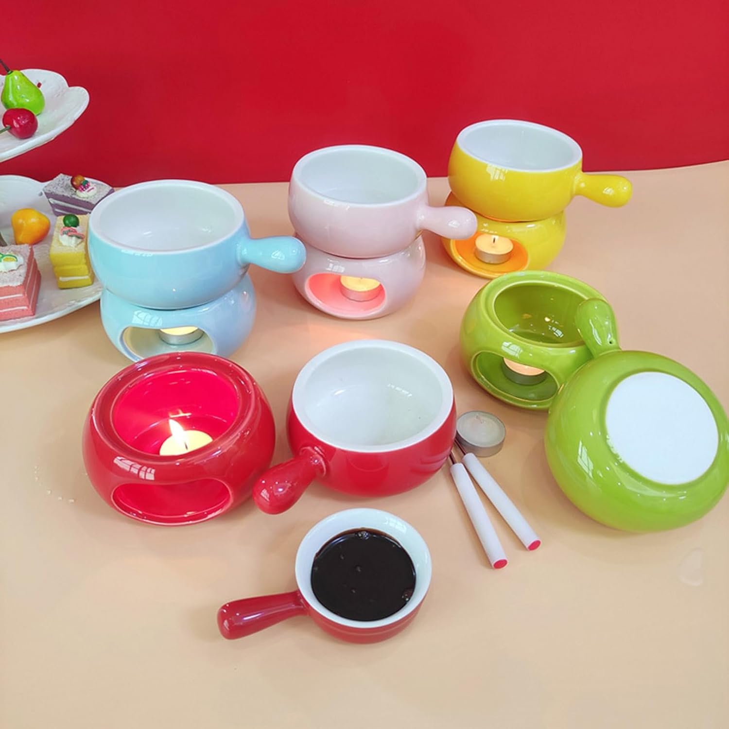 remium Ceramic Fondue Pot Set with Dipping Forks - Perfect for Chocolate, Cheese, and Candy - Ideal for Parties, Weddings, and Catering Events - Mini Butter Warmer Bowl Included