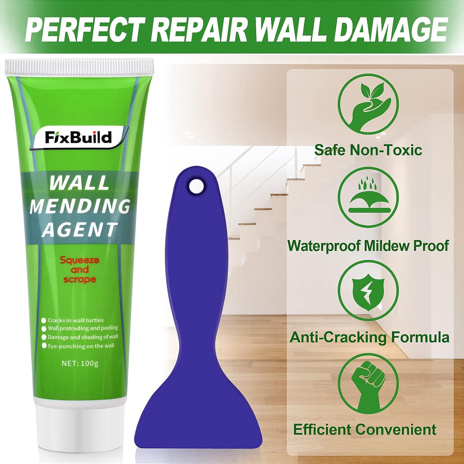 Repair broken walls quickly with the FixBuild Drywall Repair Kit. Includes 1 Spackle Wall Repair Patch Kit and Wall Mending Agent.