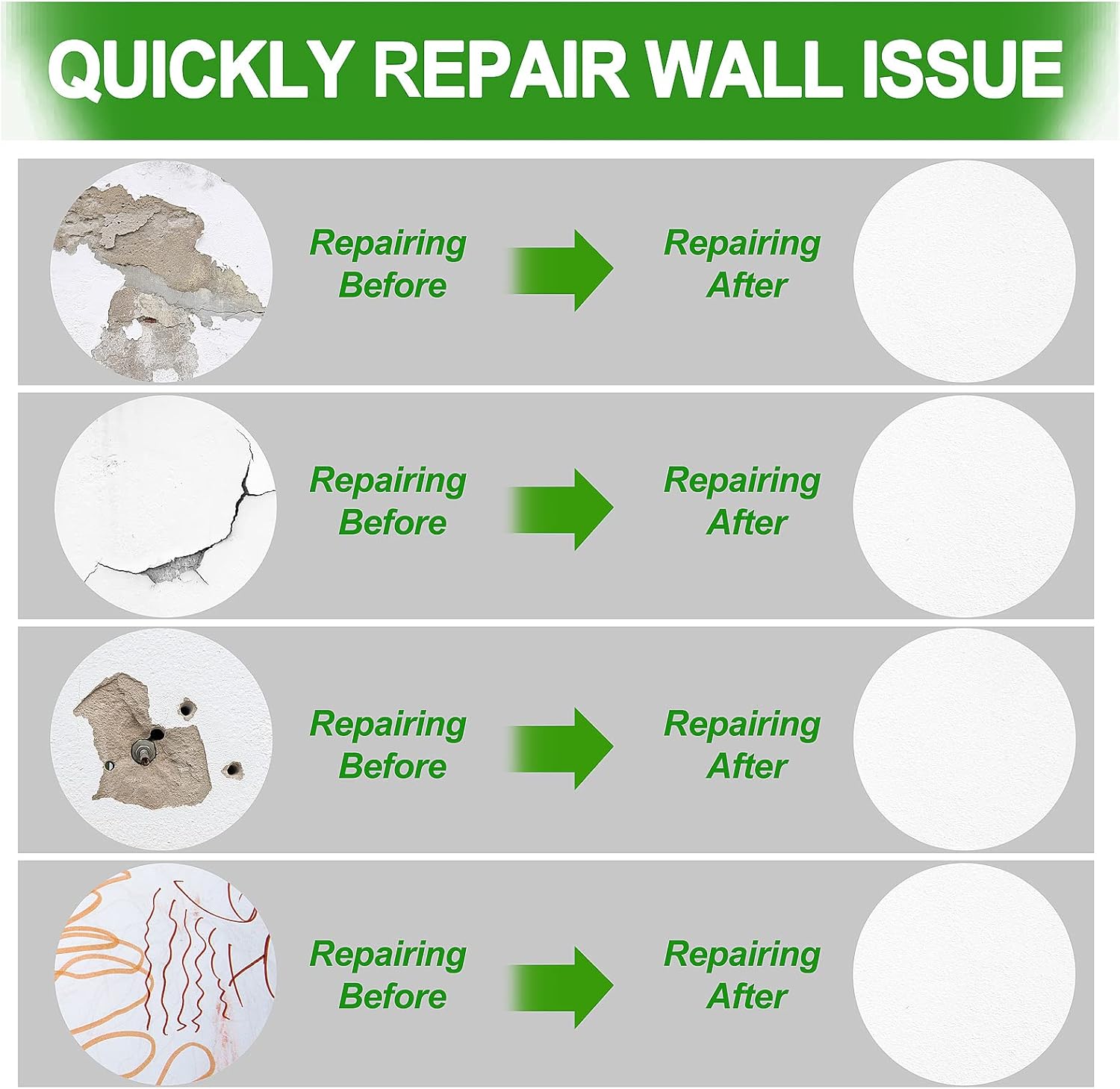 Repair broken walls quickly with the FixBuild Drywall Repair Kit. Includes 1 Spackle Wall Repair Patch Kit and Wall Mending Agent.