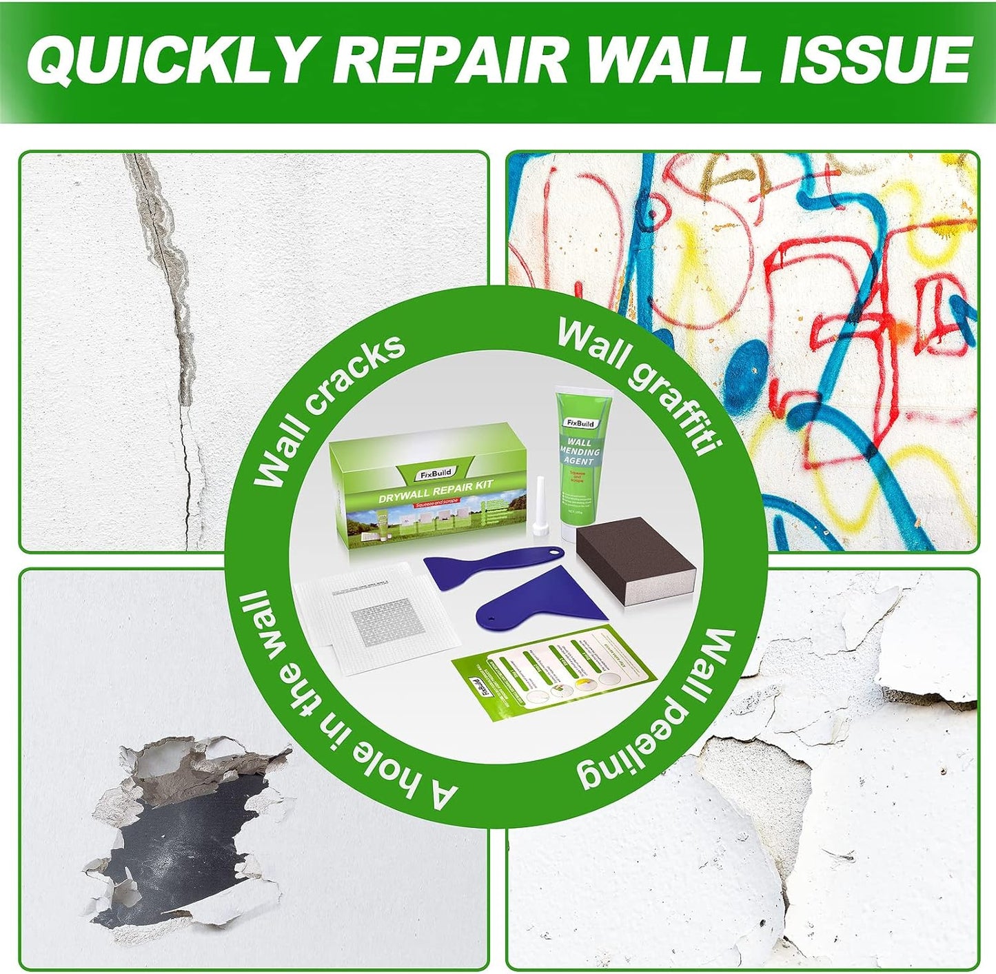 Repair broken walls quickly with the FixBuild Drywall Repair Kit. Includes 1 Spackle Wall Repair Patch Kit and Wall Mending Agent.