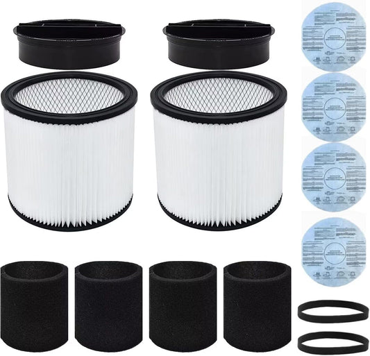 Replacement Cartridge Filter Set for Shop Vac 90304 90350 90333 90137 9030400 Vacuum Cleaner - Includes Foam Sleeve & Retaining Band - 14 Pieces