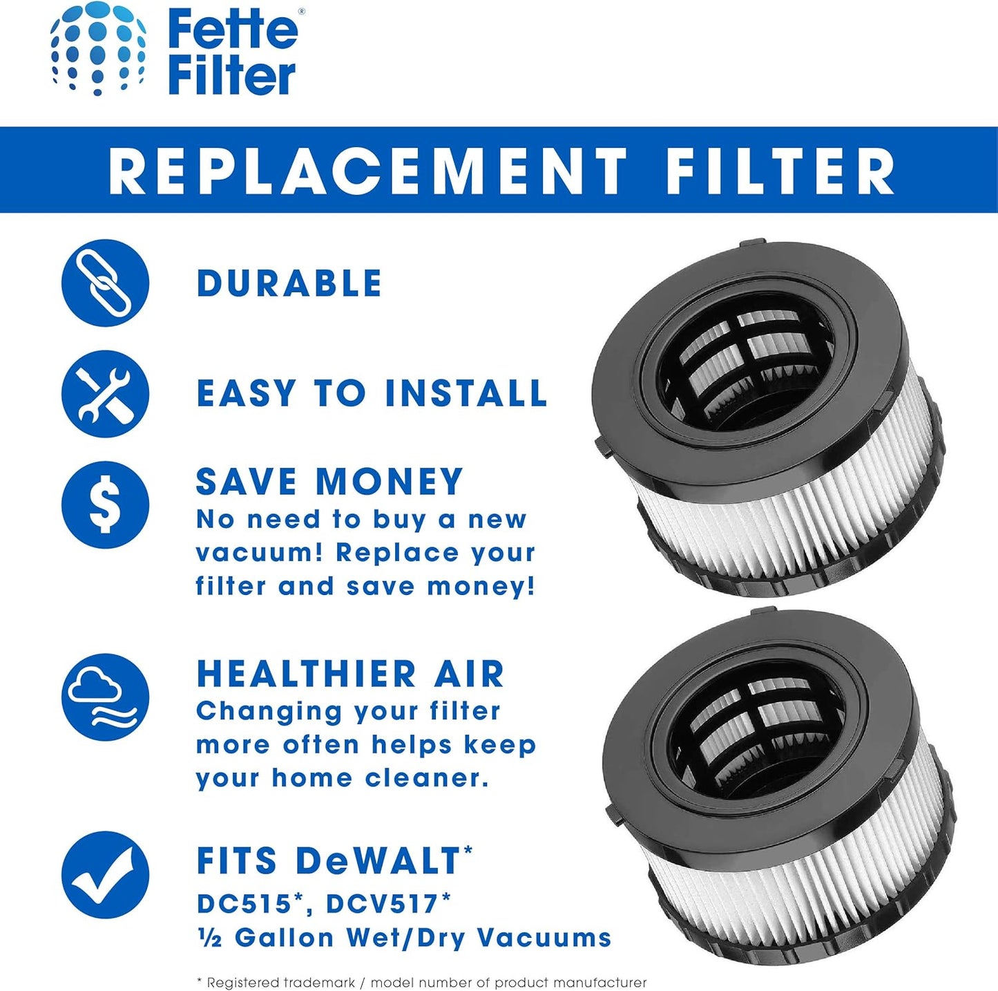 Replacement HEPA Filter Set for DEWALT DC515 DCV517 DCV517B Wet Dry Vacuums - Includes 2 Filters - Part # DC5151H by Fette Filter