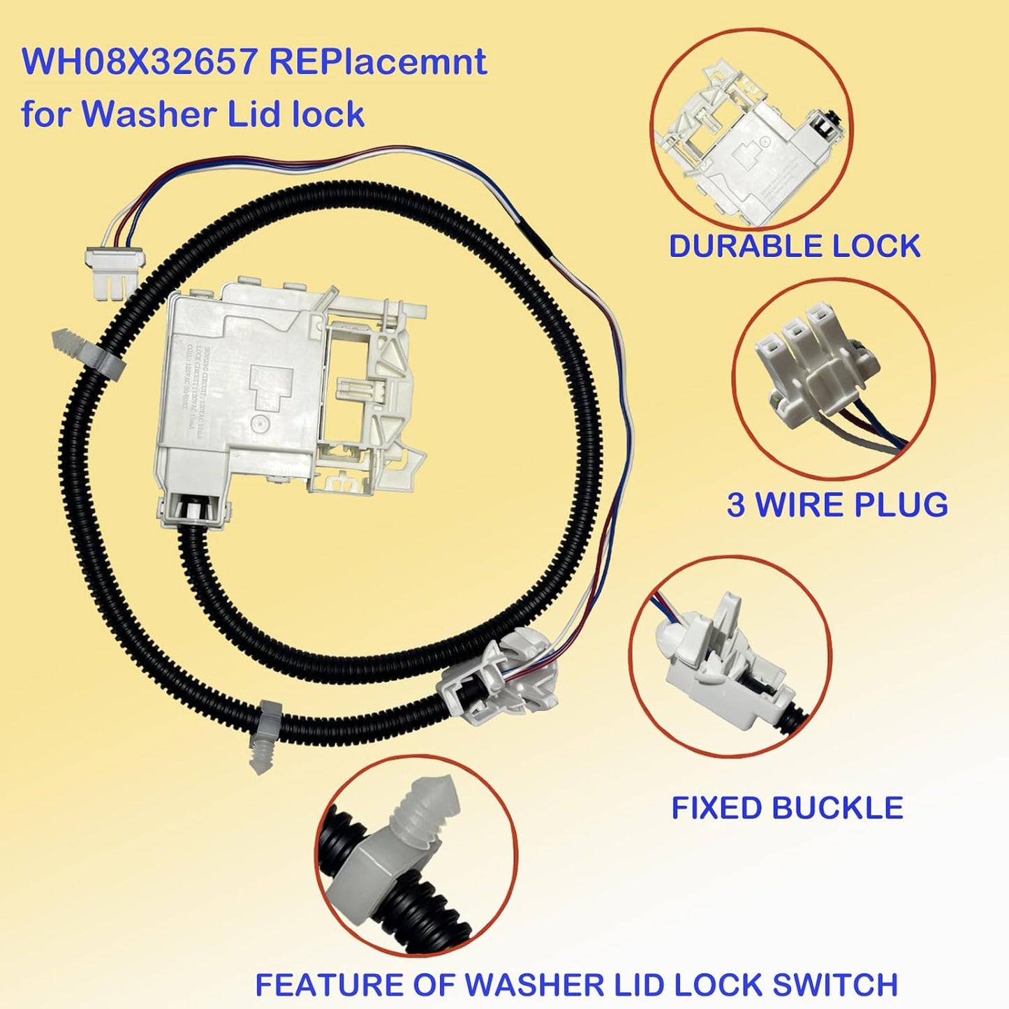 Replacement Lid Lock and Wire Harness for GE Hotpoint Clothes Washer - Replaces WH08X32657 WH08X31222 4963152 AP7033485