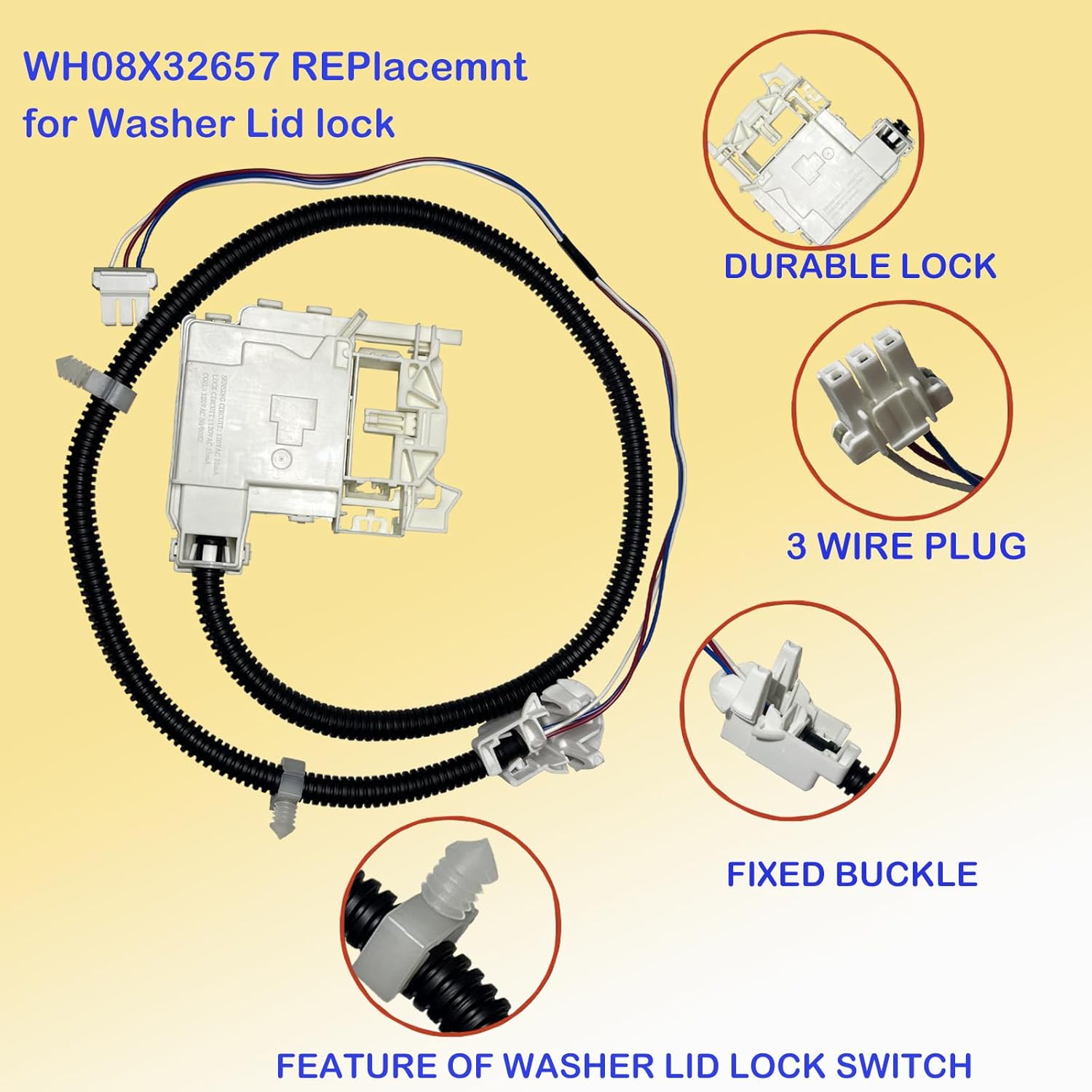 Replacement Lid Lock and Wire Harness for GE Hotpoint Clothes Washer - Replaces WH08X32657 WH08X31222 4963152 AP7033485