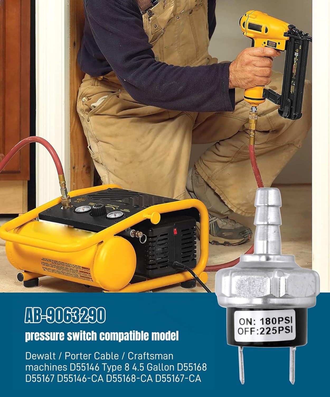 Replacement Micro Pressure Power Switch for Dewalt, Porter Cable, Craftsman Machines - AB-9063290 - Compatible with D55146, D55168, D55167 Models - 180-225 PSI Air Compressor Parts