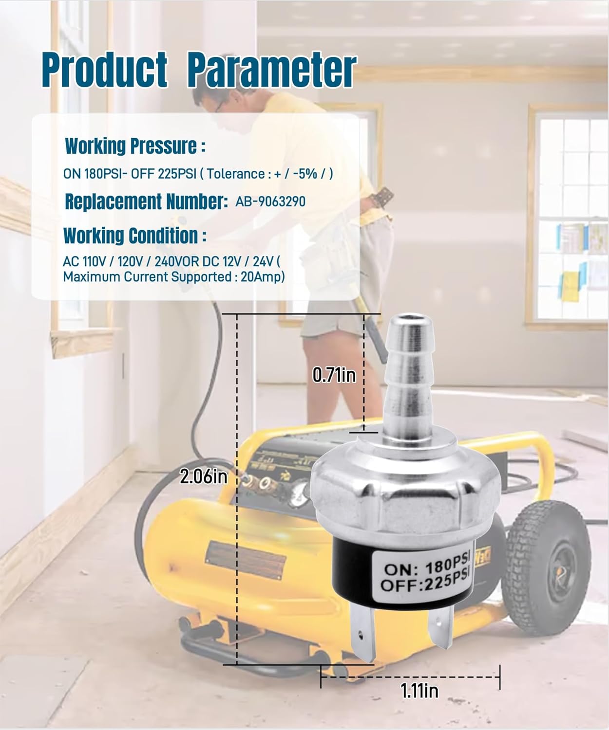 Replacement Micro Pressure Power Switch for Dewalt, Porter Cable, Craftsman Machines - AB-9063290 - Compatible with D55146, D55168, D55167 Models - 180-225 PSI Air Compressor Parts