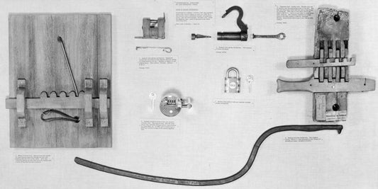 Replicas of Ancient Egyptian and Greek Locks with Wooden Scale and Modern Padlock Poster