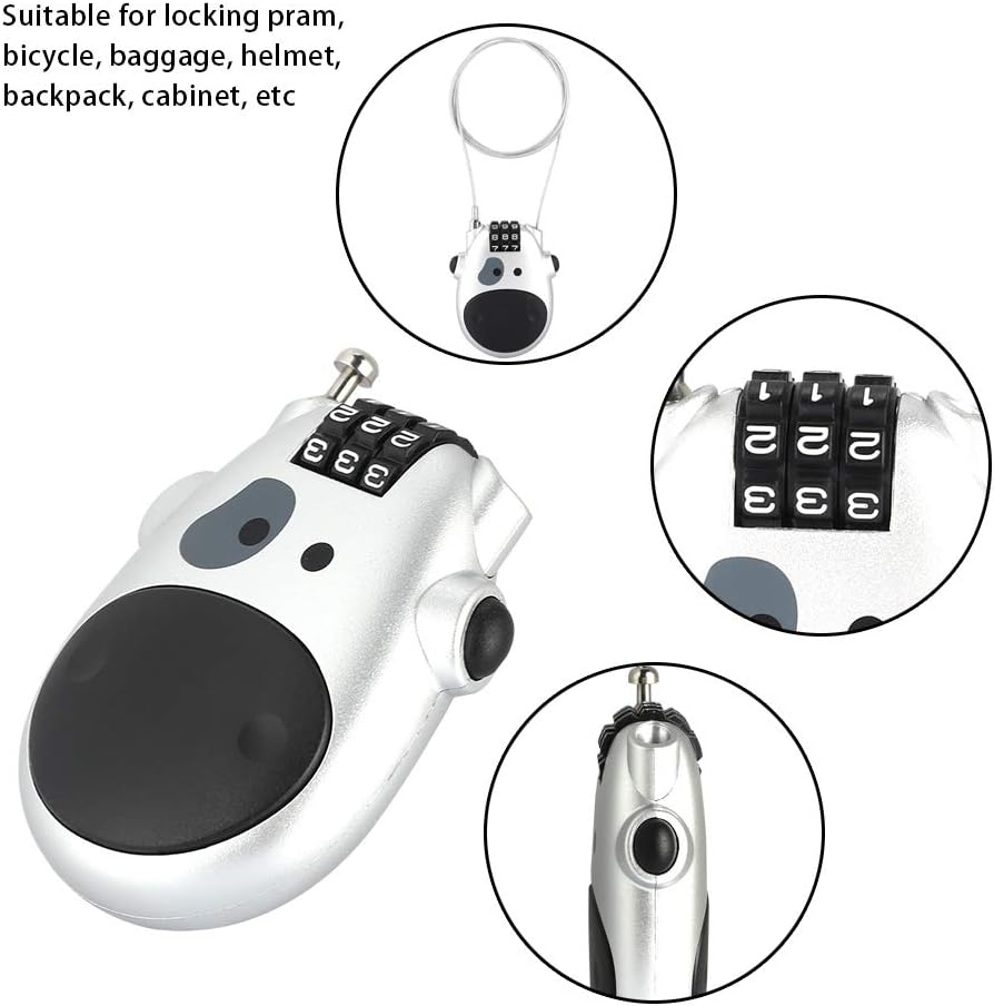 Resettable 3 Digit Code Lock with Lovely Cow Shape Design for Pram, Baggage, Helmet - Zinc Alloy Stroller Lock (Silver)