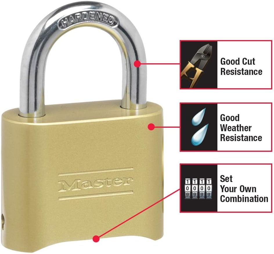 Resettable Combination Brass Padlock for Indoor/Outdoor Gym Locker, Gate, Fence, or Shed - Master Lock 175D - WildKart