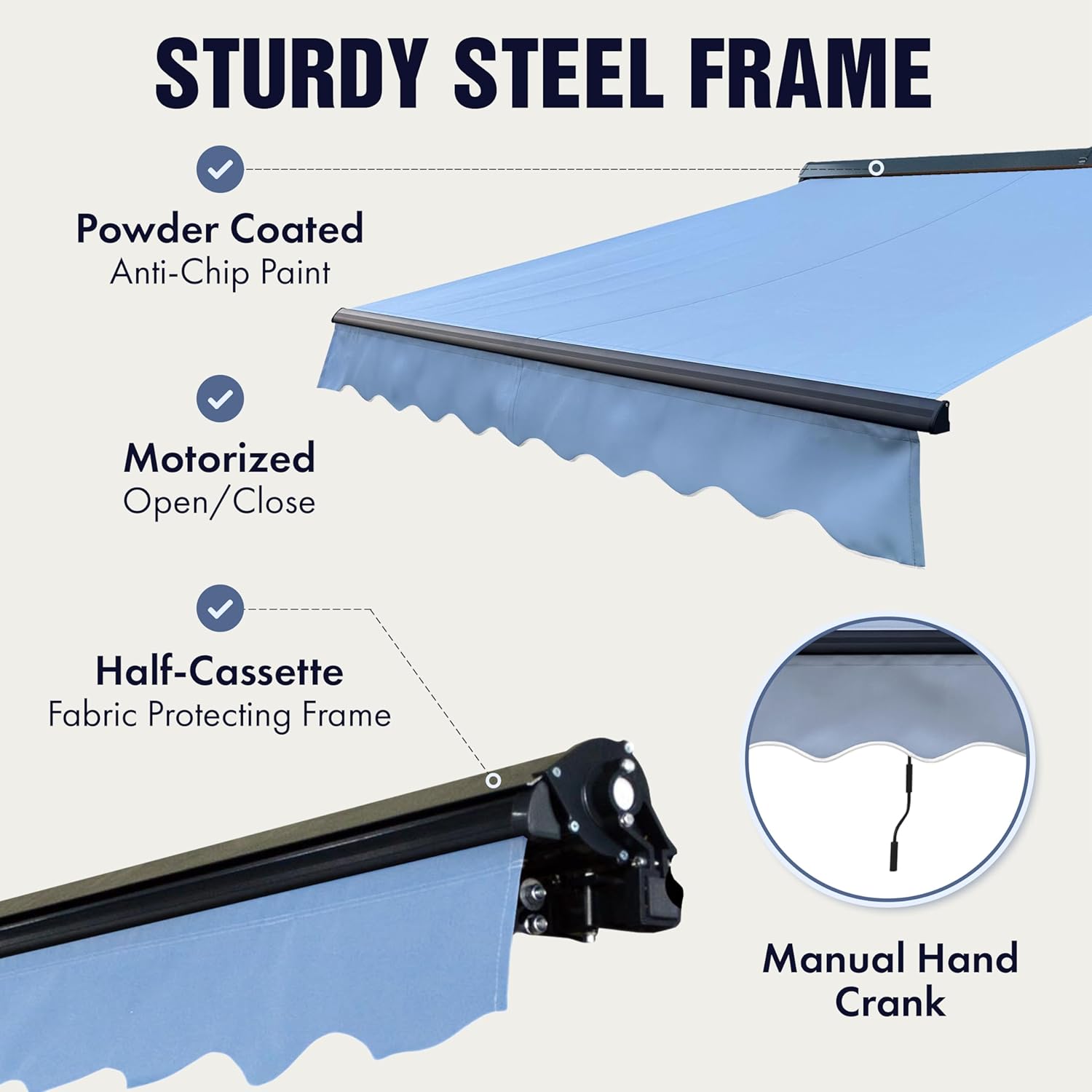 Retractable Black Patio Awning 13x10 ft with Motorized Crank & LED Lights by ALEKO