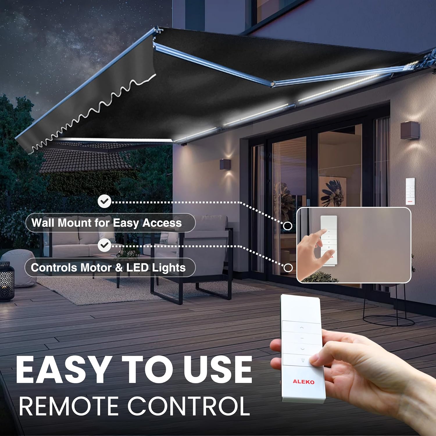 Retractable Black Patio Awning 13x10 ft with Motorized Crank & LED Lights by ALEKO