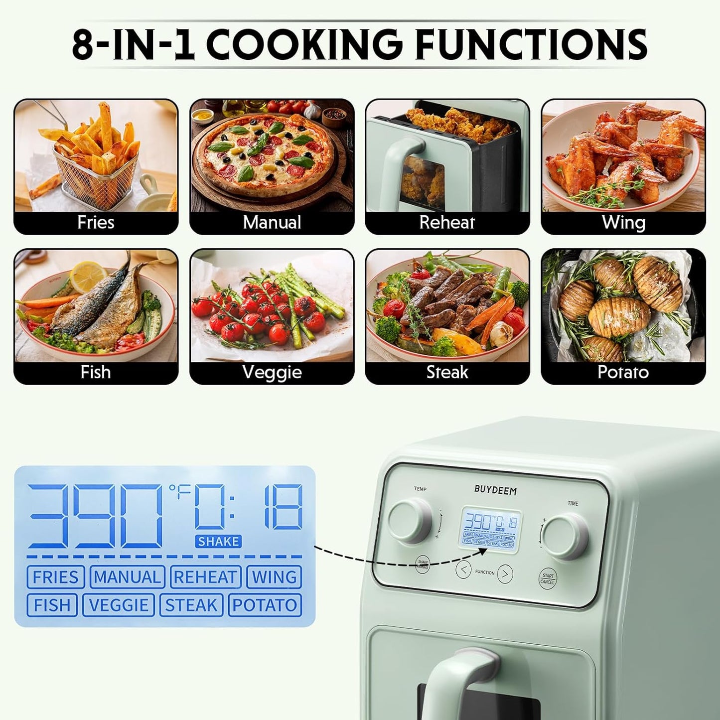 Retro 8-in-1 Air Fryer Oven, 4.2QT with Visible Window & LCD Display - Buydeem F51 in Cozy Greenish