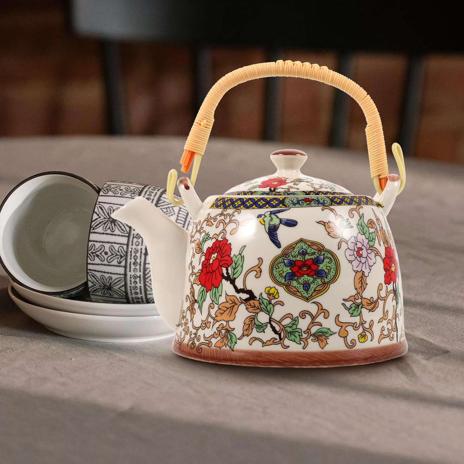 Retro Ceramic Kungfu Teapot with Floral Enamel Design for Stove Top and Induction Cooking - Vintage Loose Tea Kettle