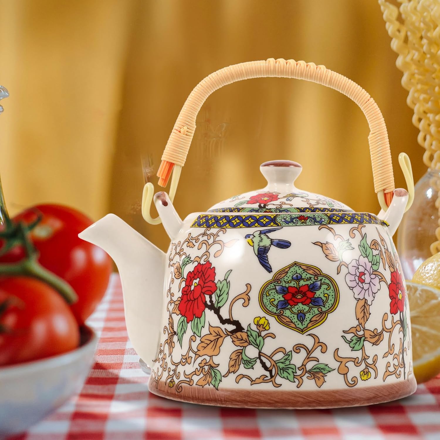 Retro Ceramic Kungfu Teapot with Floral Enamel Design for Stove Top and Induction Cooking - Vintage Loose Tea Kettle