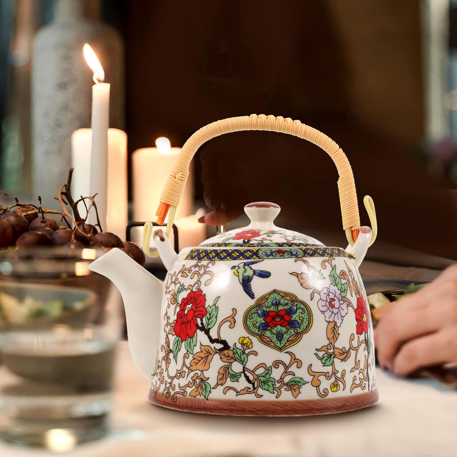 Retro Ceramic Kungfu Teapot with Floral Enamel Design for Stove Top and Induction Cooking - Vintage Loose Tea Kettle