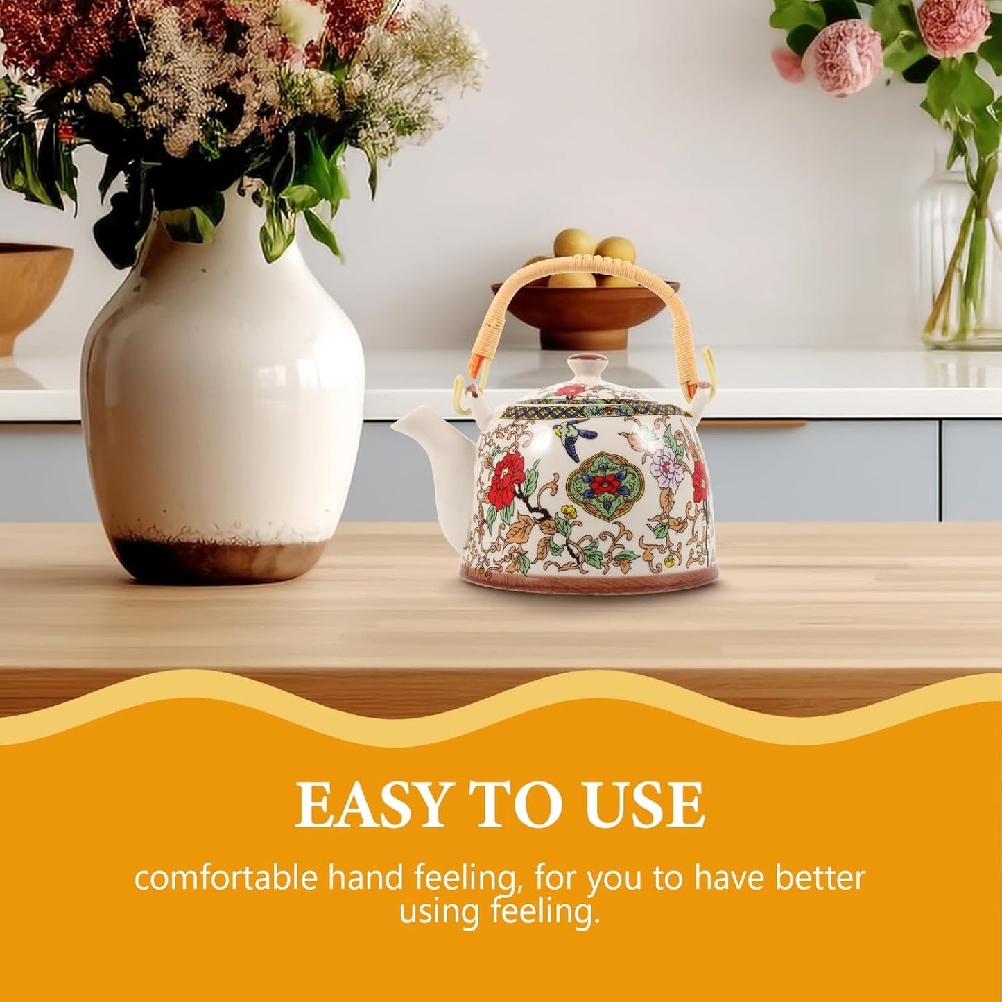 Retro Ceramic Kungfu Teapot with Floral Enamel Design for Stove Top and Induction Cooking - Vintage Loose Tea Kettle