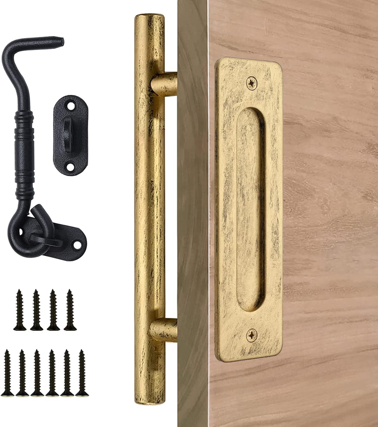 Retro Gold 12 inch Barn Door Handle with Hook Lock Latch - Handmade Rustic Sliding Barn Door Pull Flush Handles Set, Garage Hardware Kit
