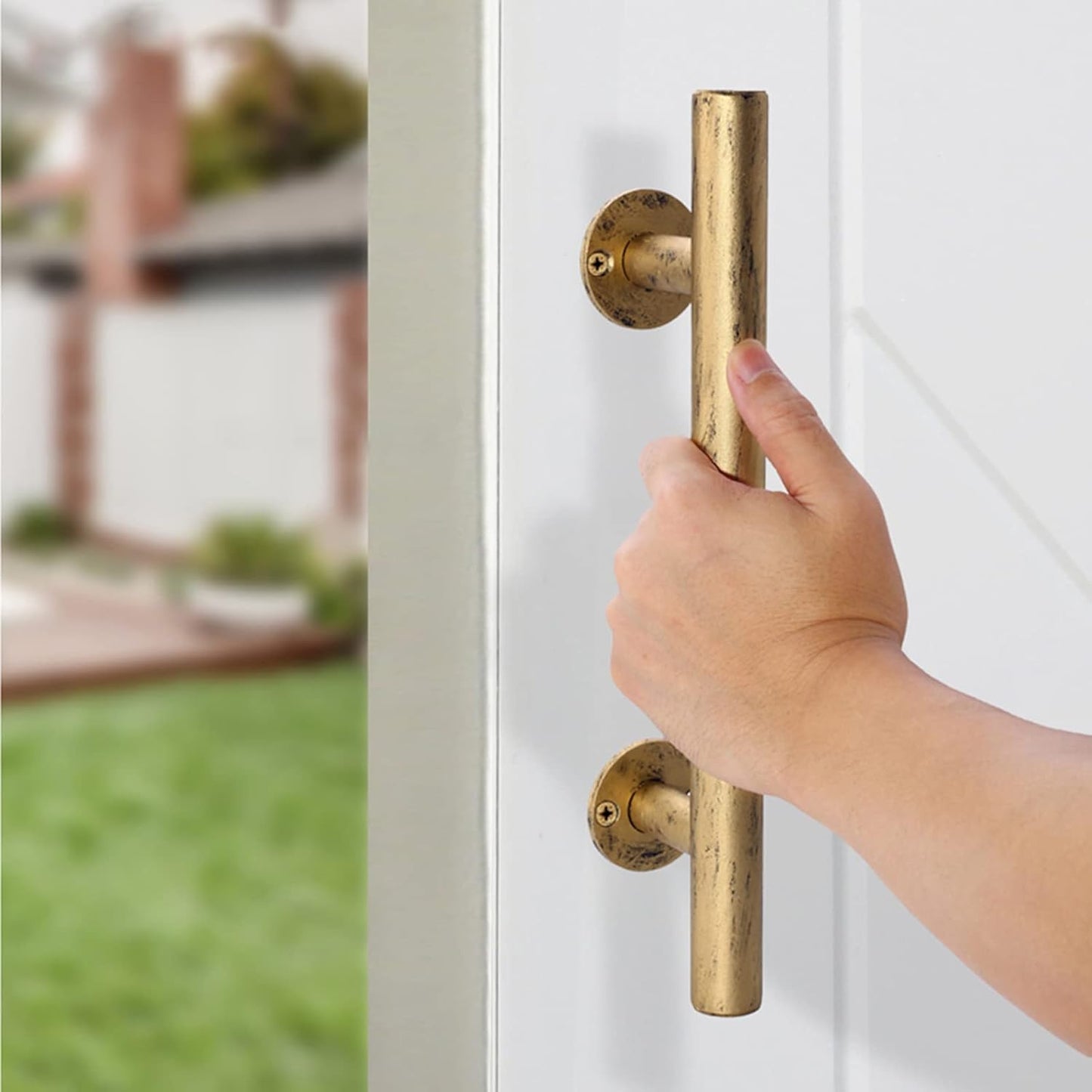 Retro Gold 12 inch Barn Door Handle with Hook Lock Latch - Handmade Rustic Sliding Barn Door Pull Flush Handles Set, Garage Hardware Kit