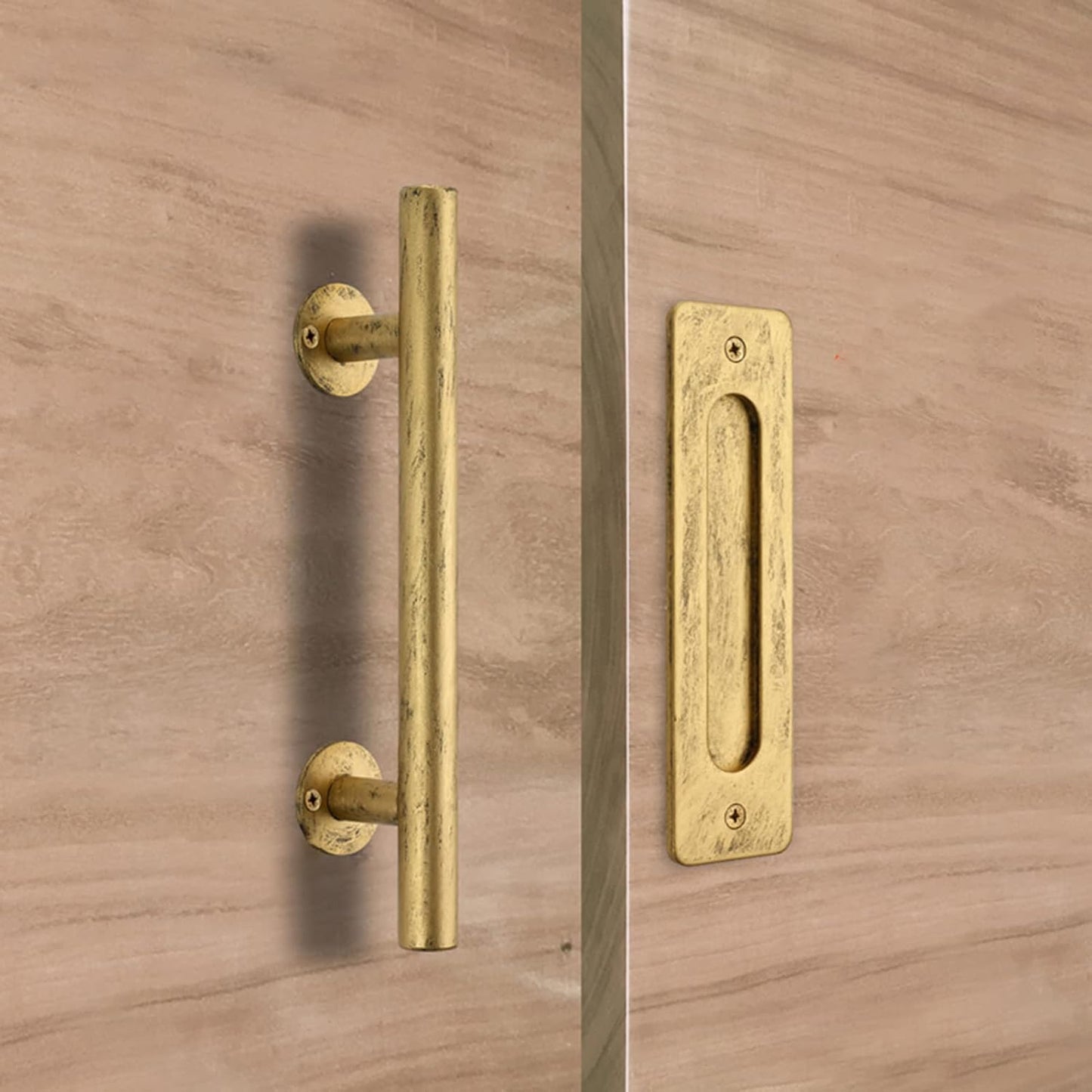 Retro Gold 12 inch Barn Door Handle with Hook Lock Latch - Handmade Rustic Sliding Barn Door Pull Flush Handles Set, Garage Hardware Kit
