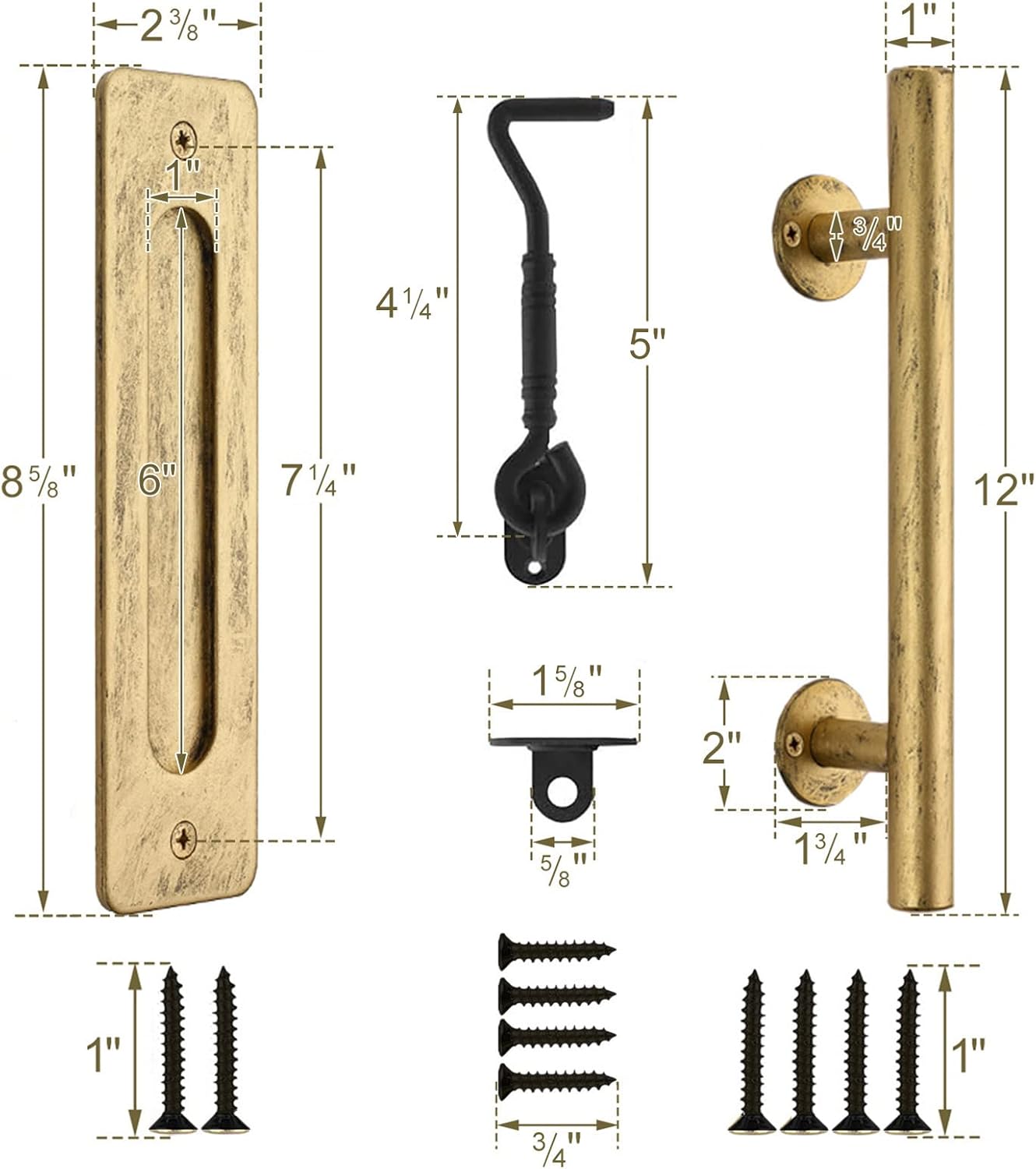 Retro Gold 12 inch Barn Door Handle with Hook Lock Latch - Handmade Rustic Sliding Barn Door Pull Flush Handles Set, Garage Hardware Kit
