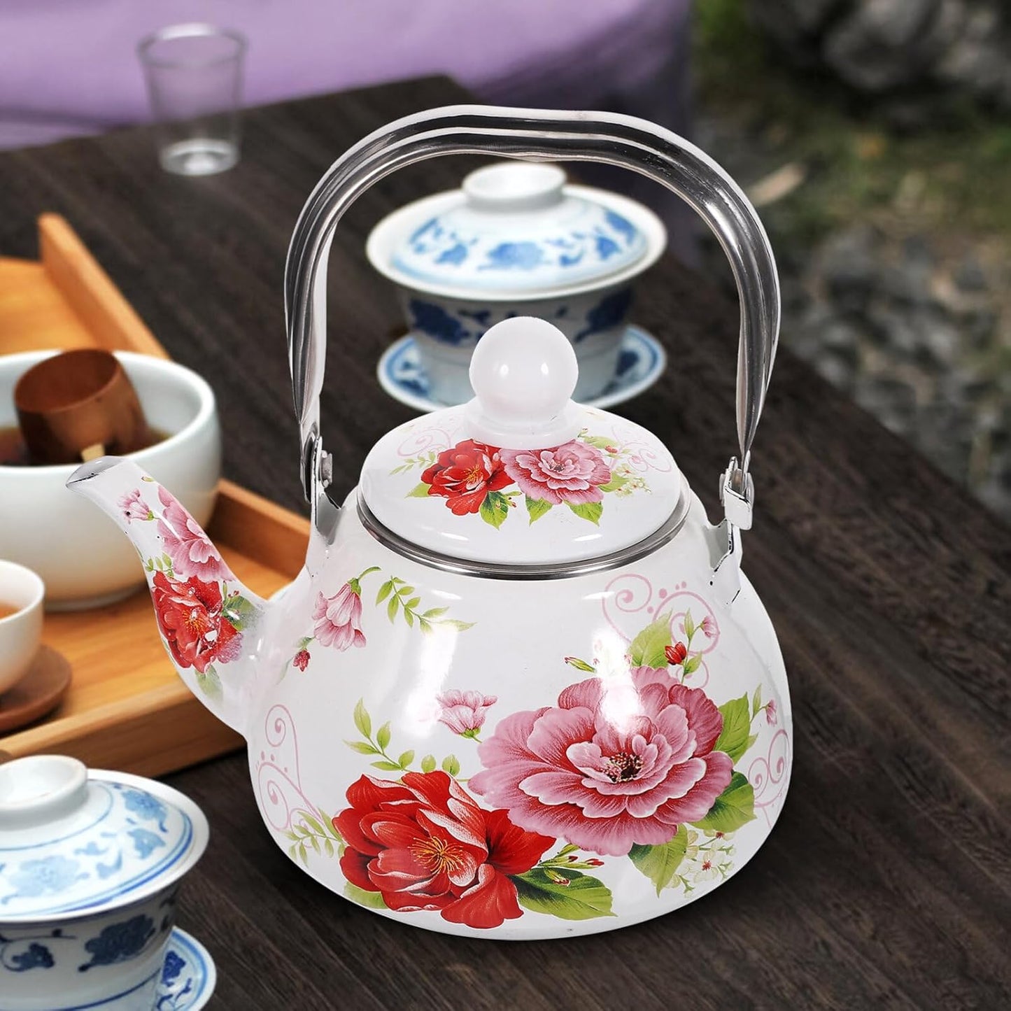 Retro Japanese Enamel Tea Kettle for Camping Stove - Luxshiny Small Pot for Loose Tea - Enamelware Teapot Bowl