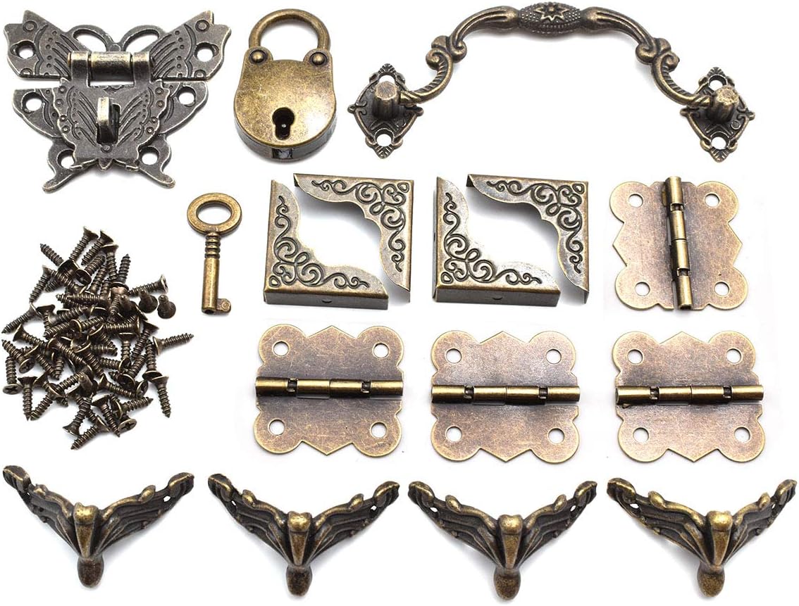Retro Mini Bronze Antique Padlock Butterfly Hasp Latch Box Corner Protectors Set for Wooden Jewelry Boxes