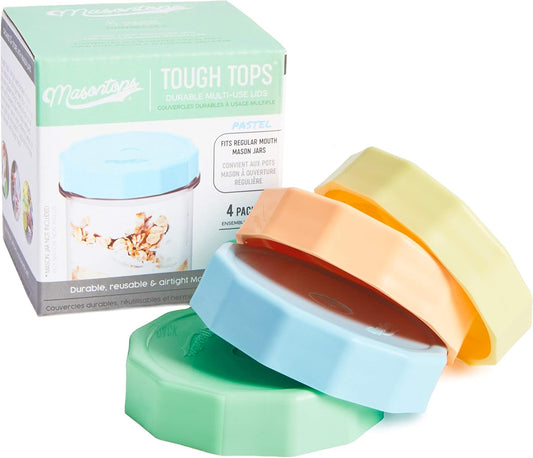 Reusable BPA-Free Tough Tops for Ball Regular Mouth Mason Jars - Leakproof Plastic Lids in Multi Colors - Dry Canning Lids for Ball Jars (Not Included)