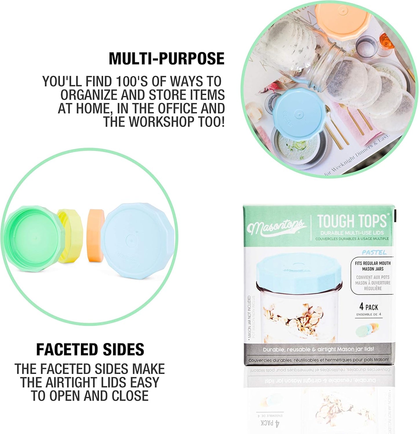 Reusable BPA-Free Tough Tops for Ball Regular Mouth Mason Jars - Leakproof Plastic Lids in Multi Colors - Dry Canning Lids for Ball Jars (Not Included)