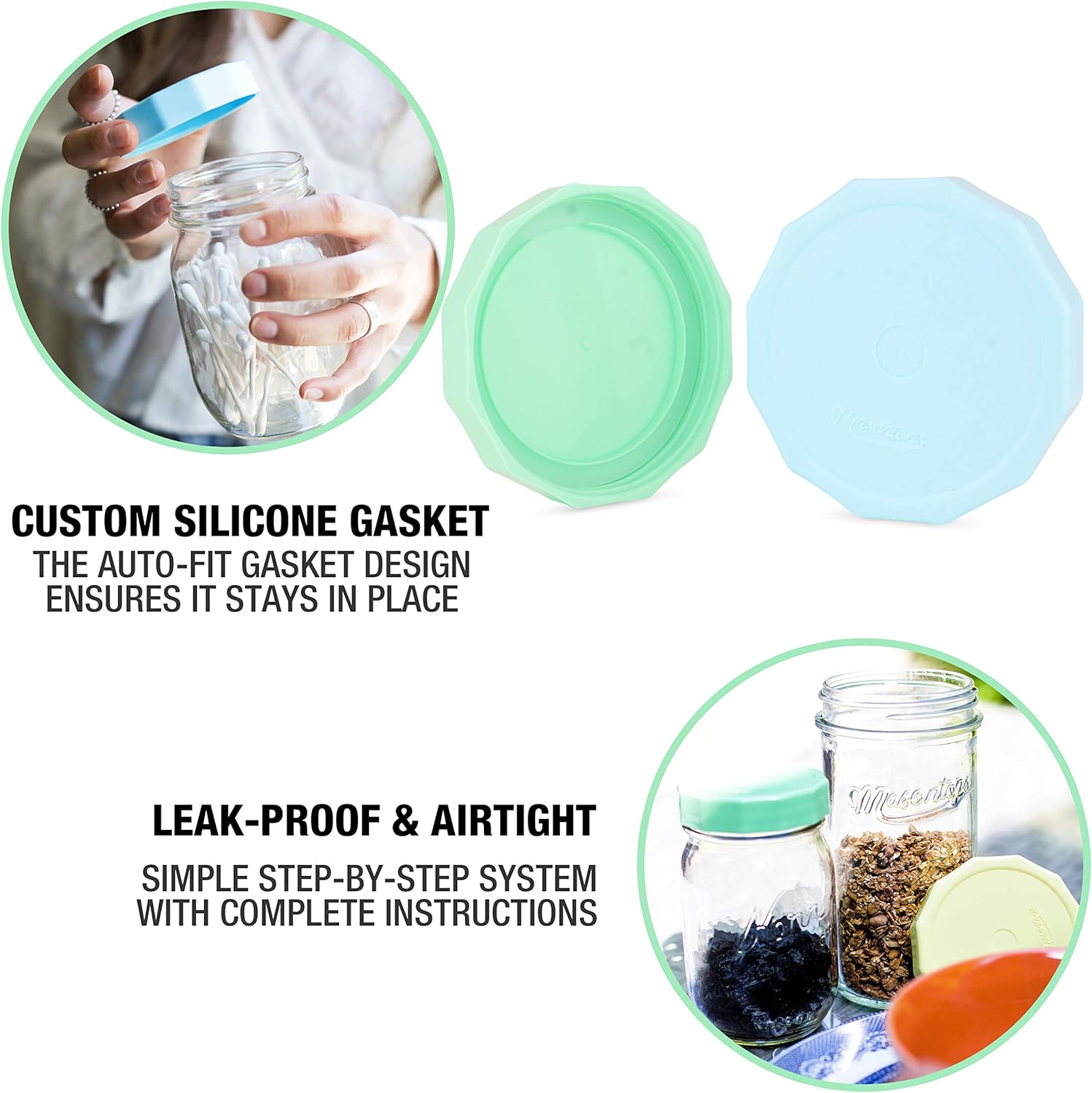 Reusable BPA-Free Tough Tops for Ball Regular Mouth Mason Jars - Leakproof Plastic Lids in Multi Colors - Dry Canning Lids for Ball Jars (Not Included)
