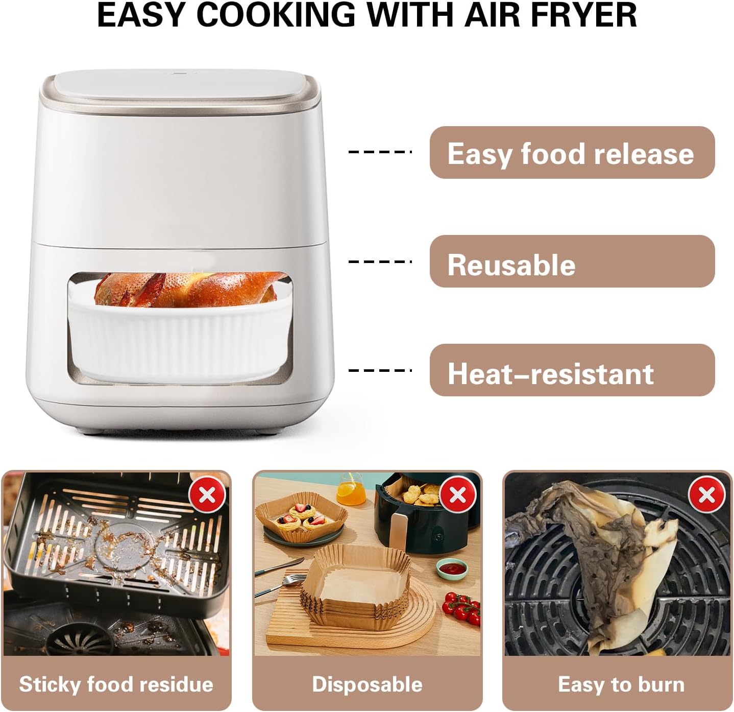 Reusable Ceramic Air Fryer Bowl Liners for Easy Cleaning - White, Top 8in, Height 3.7in - Air Fryer Accessories