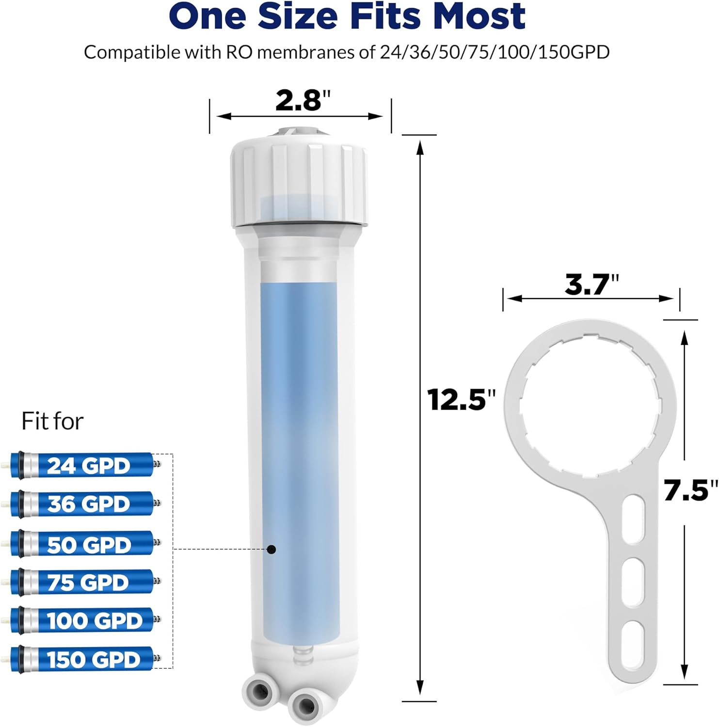 Reverse Osmosis Membrane Filter Housing Kit with Elbow Fittings, Wrench, Check Valve - Membrane Solutions 1812/2012 24-150 GPD