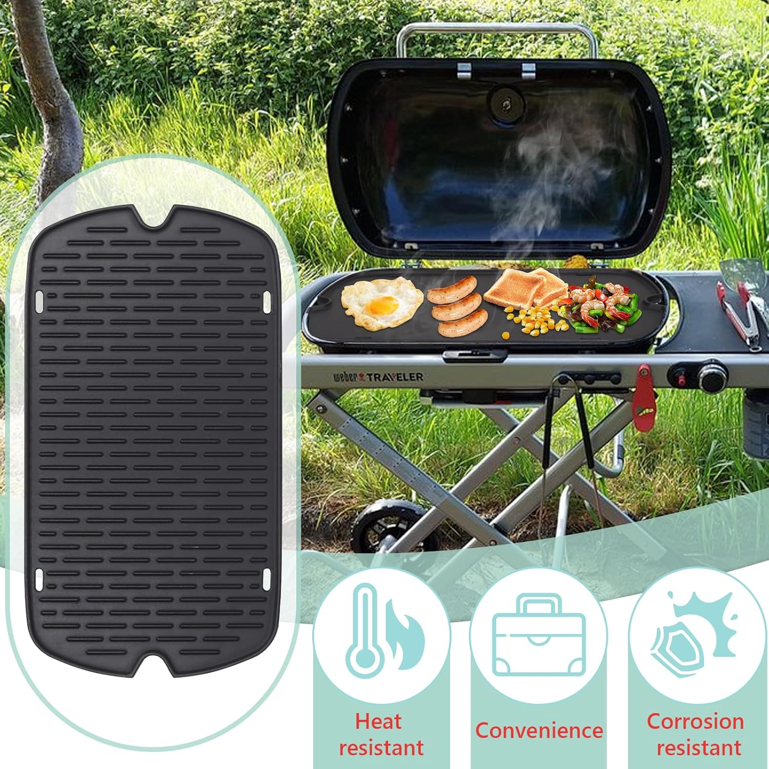Reversible Cast Iron Griddle Insert for Weber Traveler Portable Gas Grill with Carry Bag - Replacement Parts and Accessories