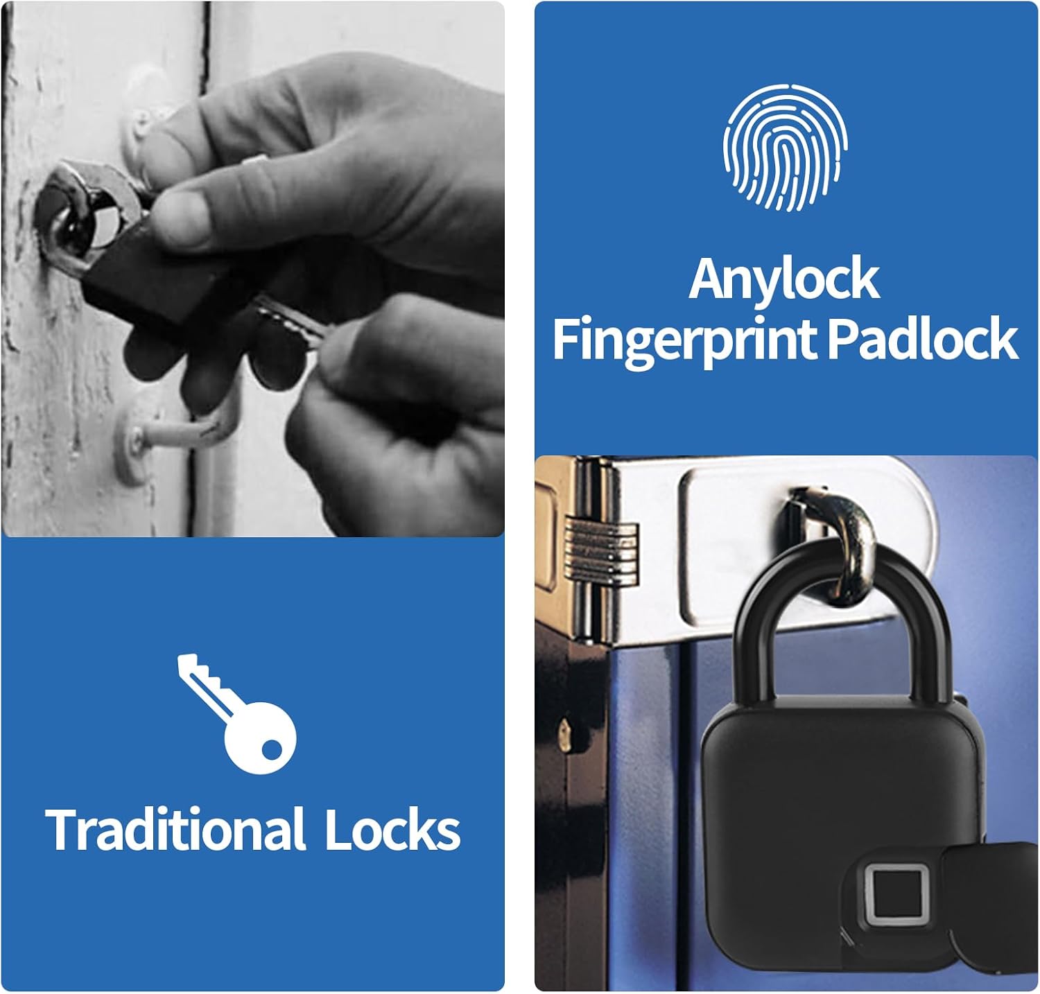 RiNTREE Waterproof Fingerprint Padlock with Lock Cable, Smart Lock APP Keyless Entry, Biometric Electronic Lock for Door, Locker, Warehouses - Bluetooth Compatible, USB Rechargeable