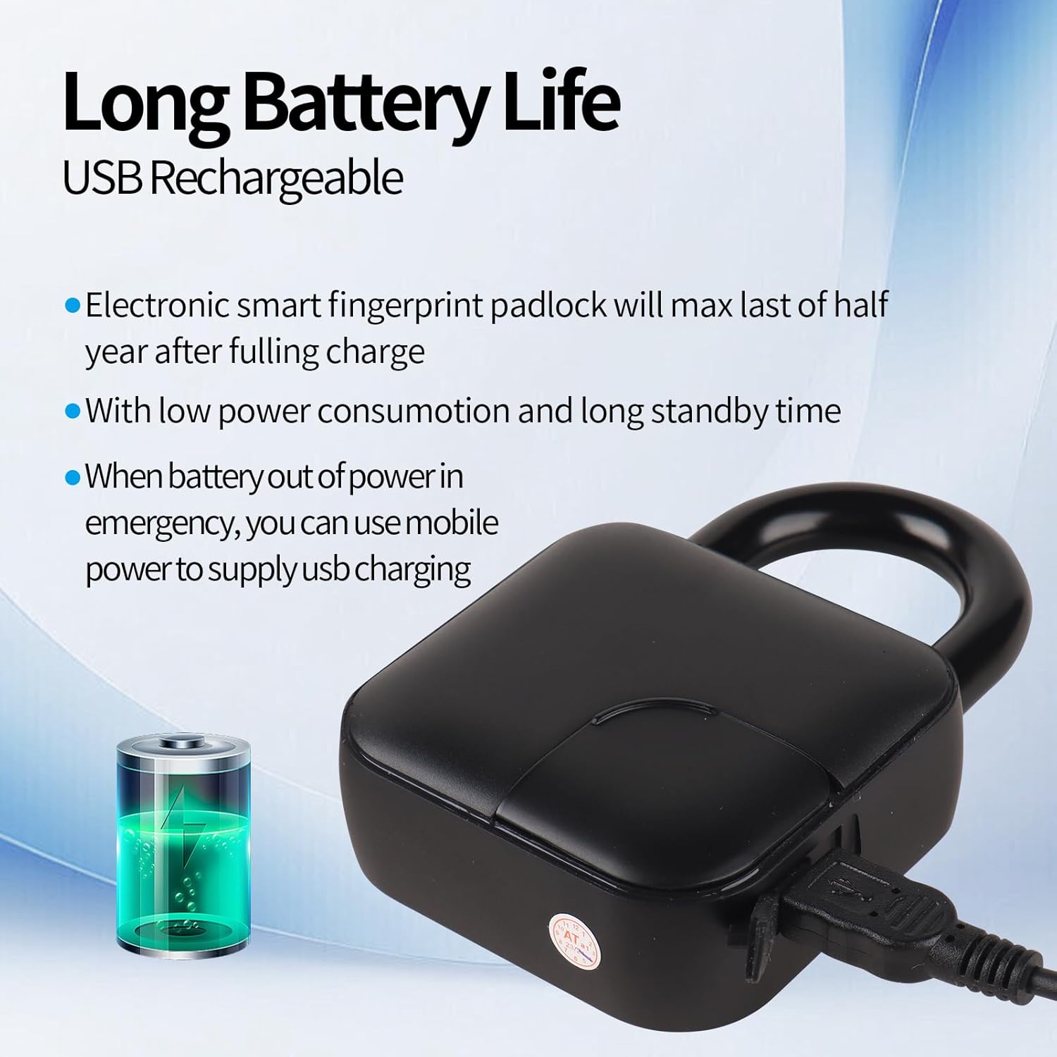 RiNTREE Waterproof Fingerprint Padlock with Lock Cable, Smart Lock APP Keyless Entry, Biometric Electronic Lock for Door, Locker, Warehouses - Bluetooth Compatible, USB Rechargeable