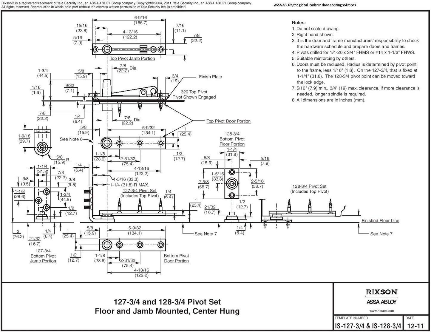 Rixson Assa Abloy Center Hung Pivot Hinges Model 128-3/4 for Interior Doors up to 3' 6"x 8' 6", Satin Chrome Color