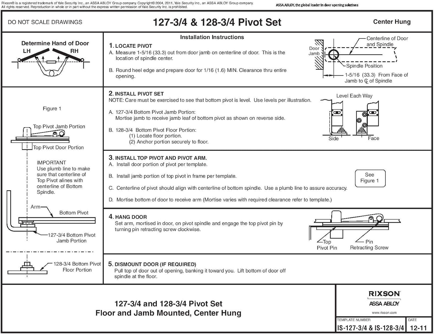 Rixson Assa Abloy Center Hung Pivot Hinges Model 128-3/4 for Interior Doors up to 3' 6"x 8' 6", Satin Chrome Color