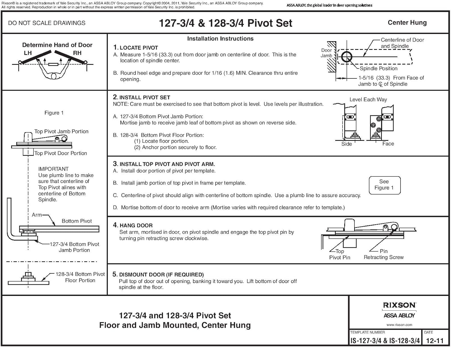 Rixson Assa Abloy Center Hung Pivot Hinges Model 128-3/4 for Interior Doors up to 3' 6"x 8' 6", Satin Chrome Color
