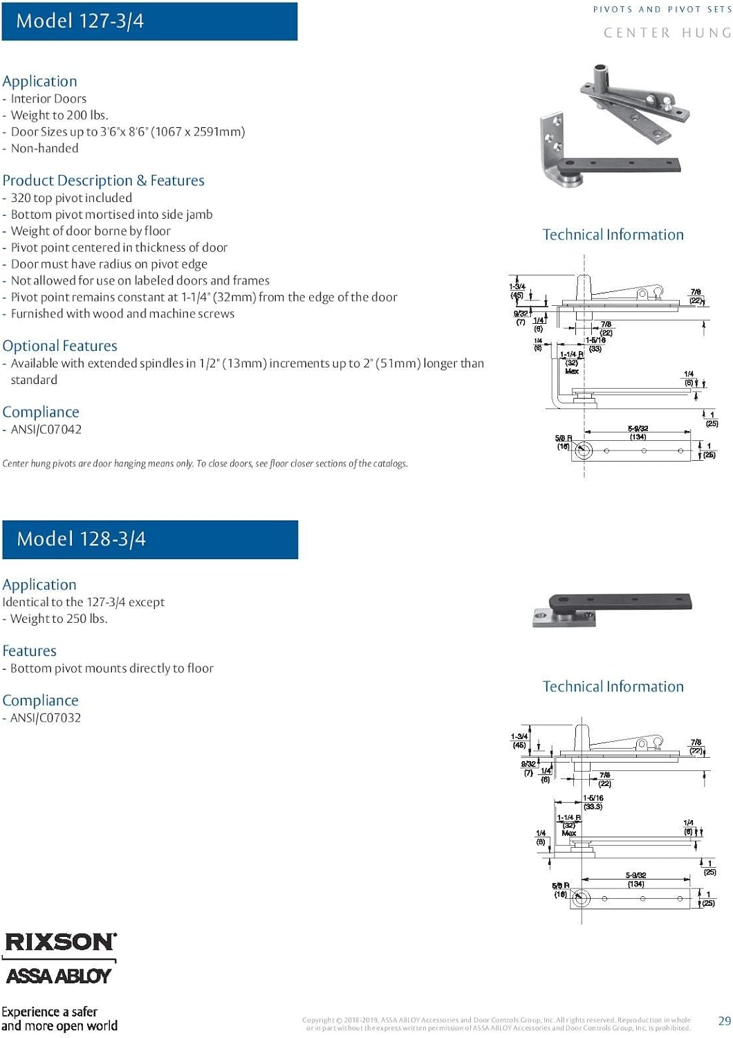 Rixson Assa Abloy Center Hung Pivot Hinges Model 128-3/4 for Interior Doors up to 3' 6"x 8' 6", Satin Chrome Color