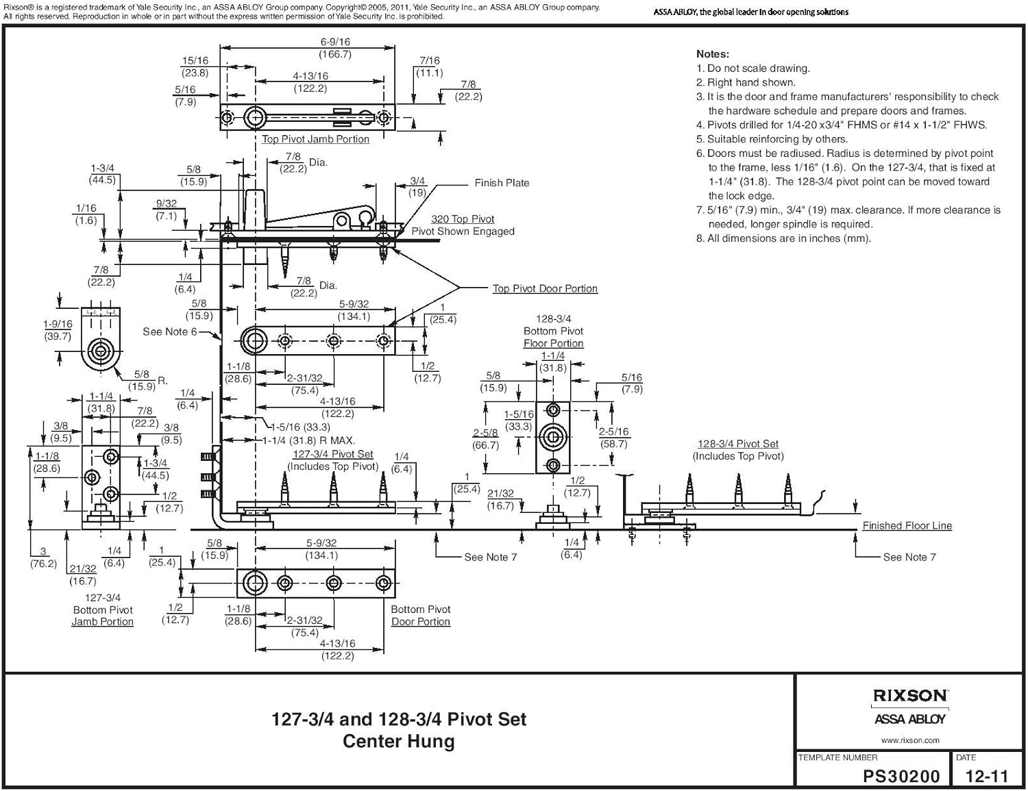 Rixson Assa Abloy Center Hung Pivot Hinges Model 128-3/4 for Interior Doors up to 3' 6"x 8' 6", Satin Chrome Color
