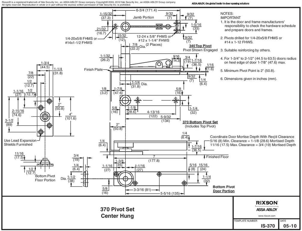 Rixson ASSA ABLOY Model 370 Center Hung Pivot Hinges for Interior or Exterior Doors - Satin Chrome (626), Fits Doors up to 3' 8"x 8' 6" & 500 lbs.