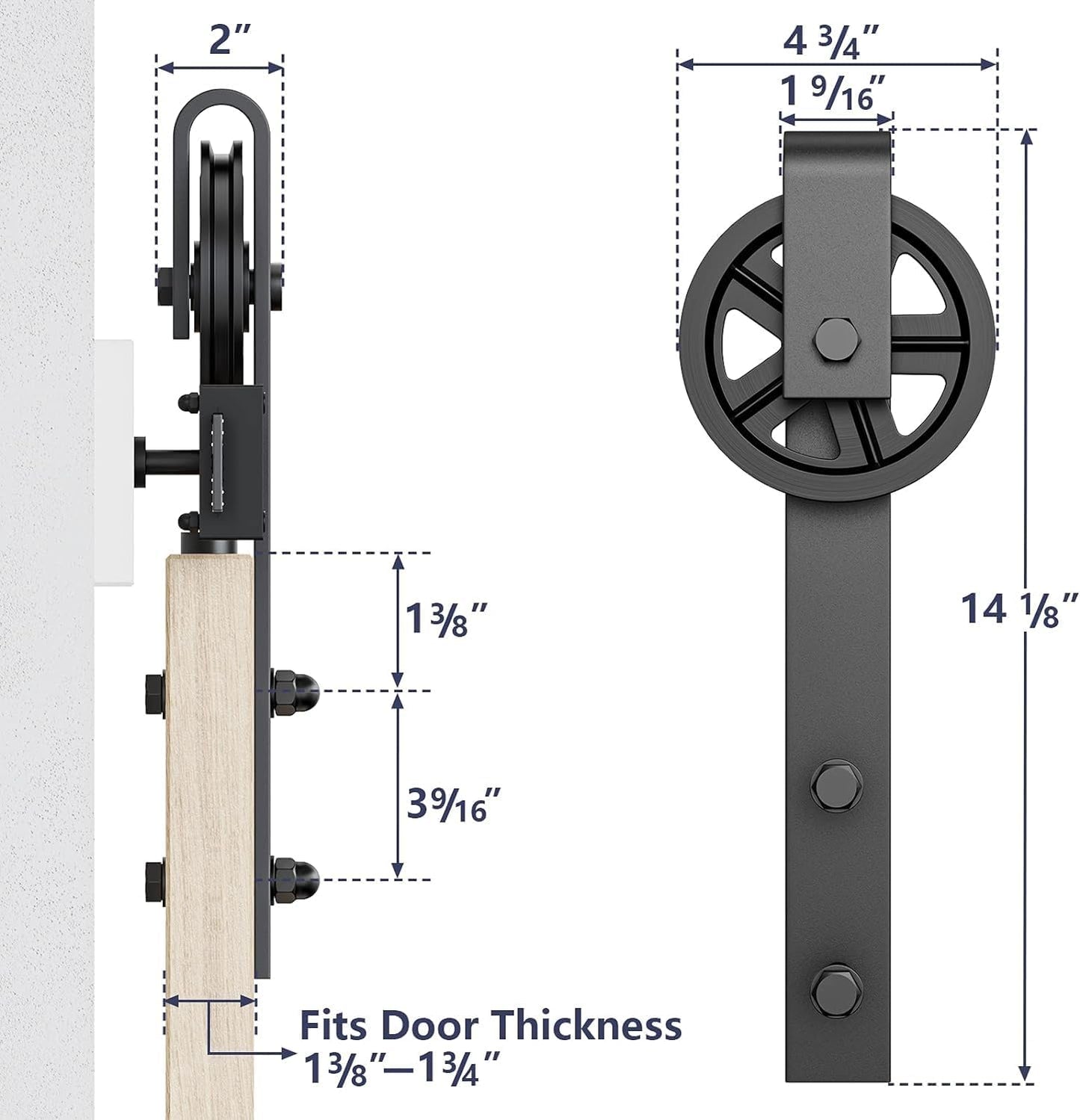 Rolling Barn Door Hangers for 1 3/8-1 3/4" Thickness Panels - Smooth & Quiet Sliding Hardware Rollers - Big Wheel Shape - Black (2 Pack)