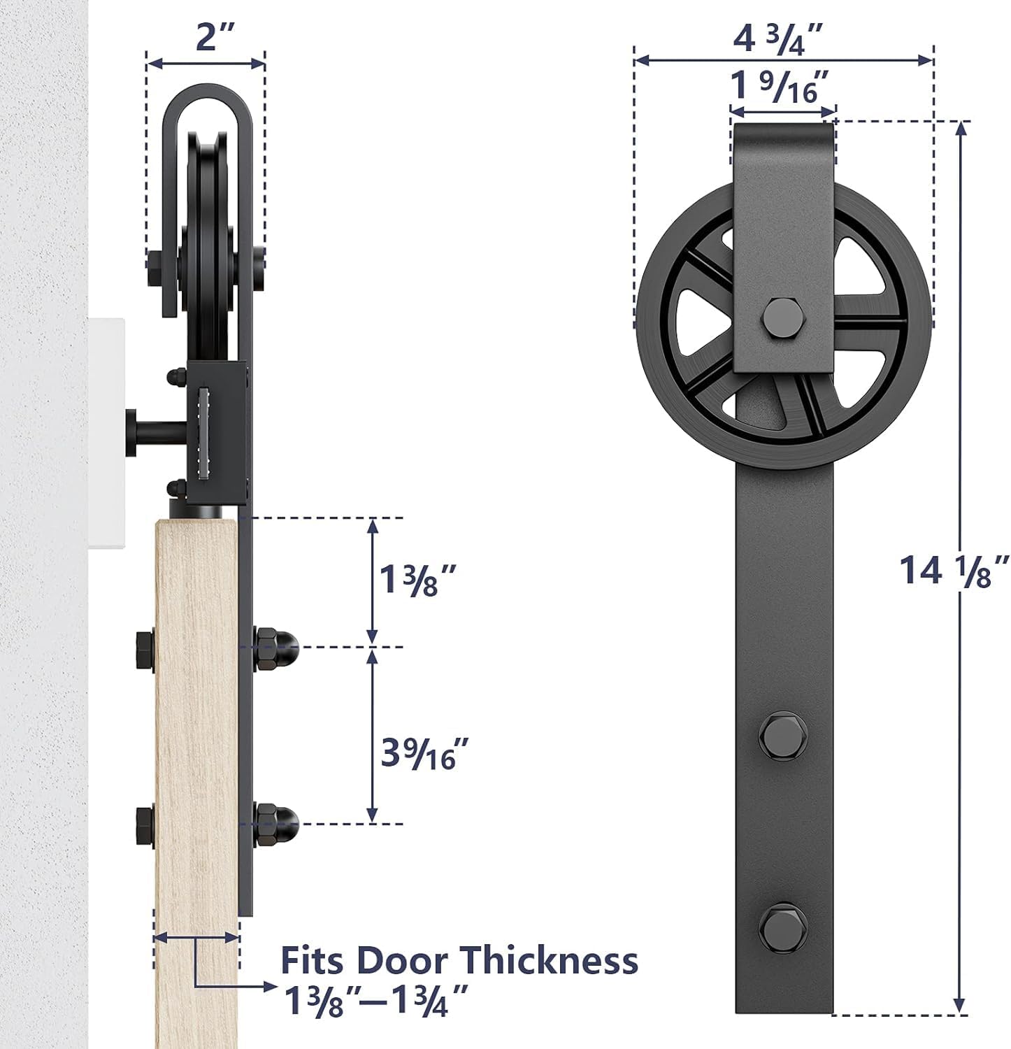 Rolling Barn Door Hangers for 1 3/8-1 3/4" Thickness Panels - Smooth & Quiet Sliding Hardware Rollers - Big Wheel Shape - Black (2 Pack)