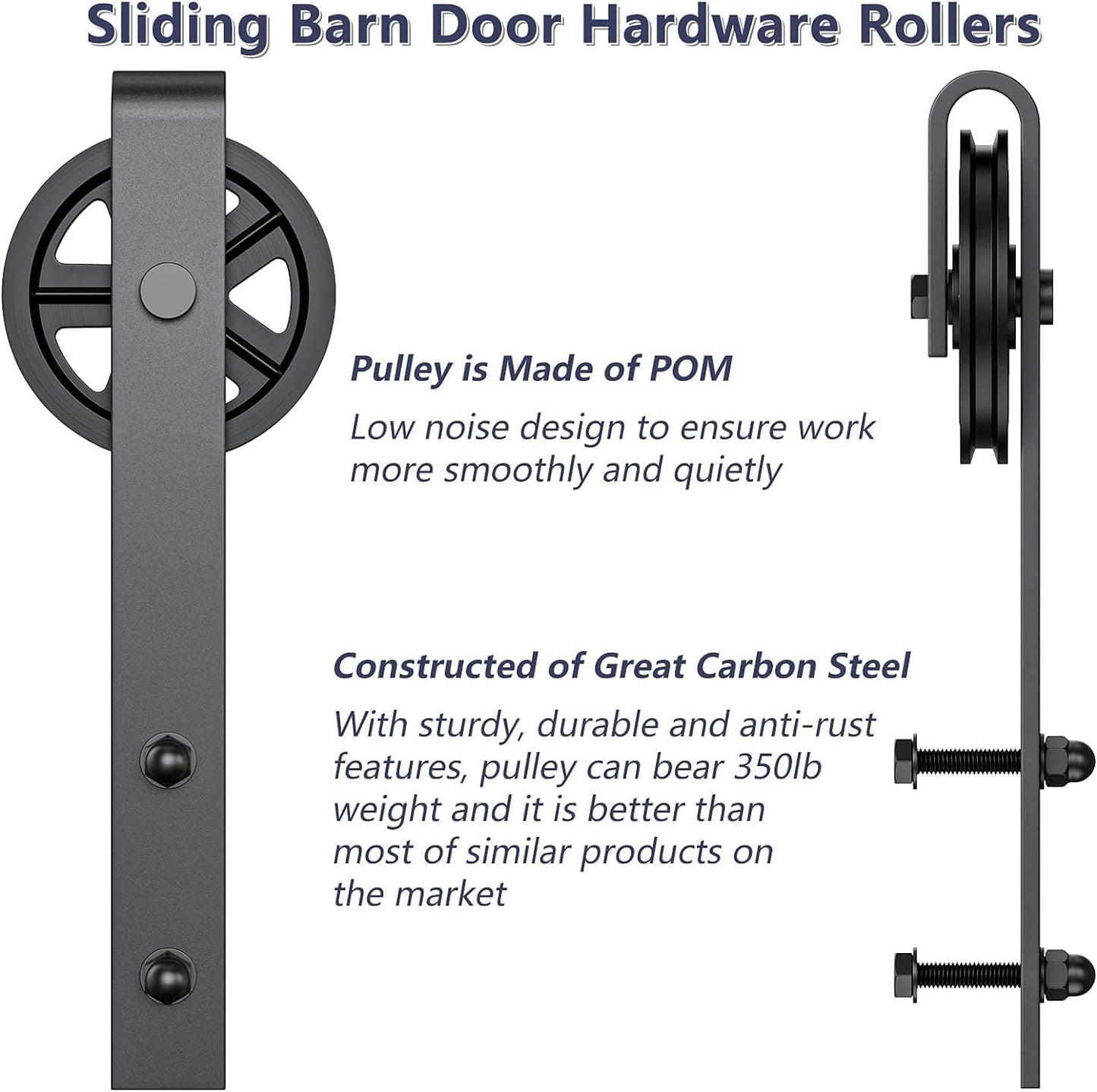Rolling Barn Door Hangers for 1 3/8-1 3/4" Thickness Panels - Smooth & Quiet Sliding Hardware Rollers - Big Wheel Shape - Black (2 Pack)