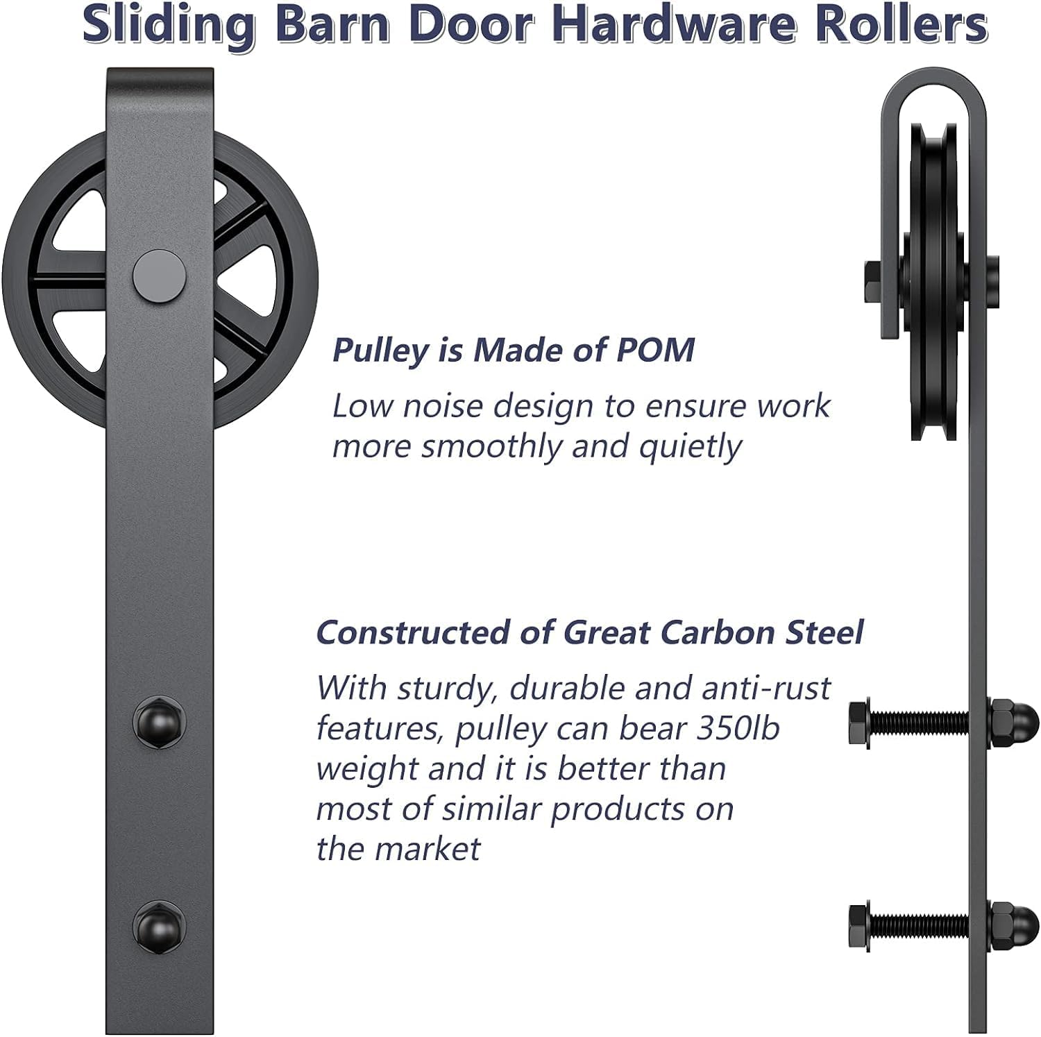 Rolling Barn Door Hangers for 1 3/8-1 3/4" Thickness Panels - Smooth & Quiet Sliding Hardware Rollers - Big Wheel Shape - Black (2 Pack)